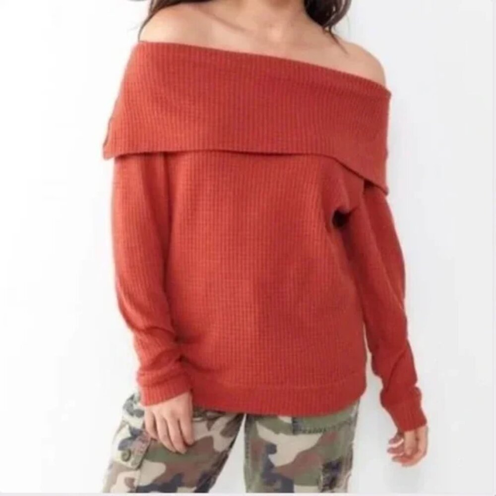 UO Out From Under Thermal Sweater Top Off-The-Shoulder Orange Long Sleeve M